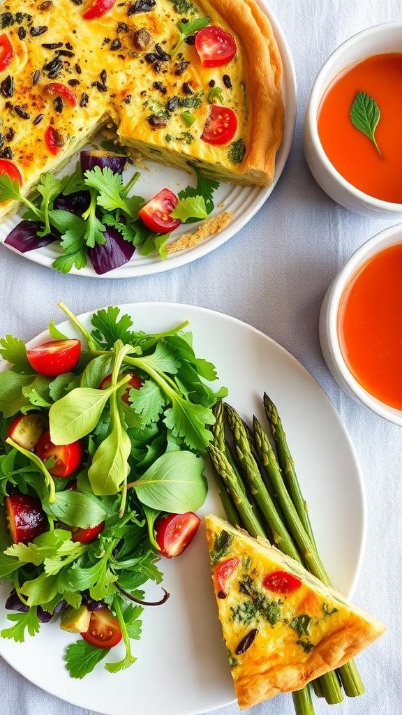 A table set with quiche, mixed green salad, roasted asparagus, and tomato basil soup.